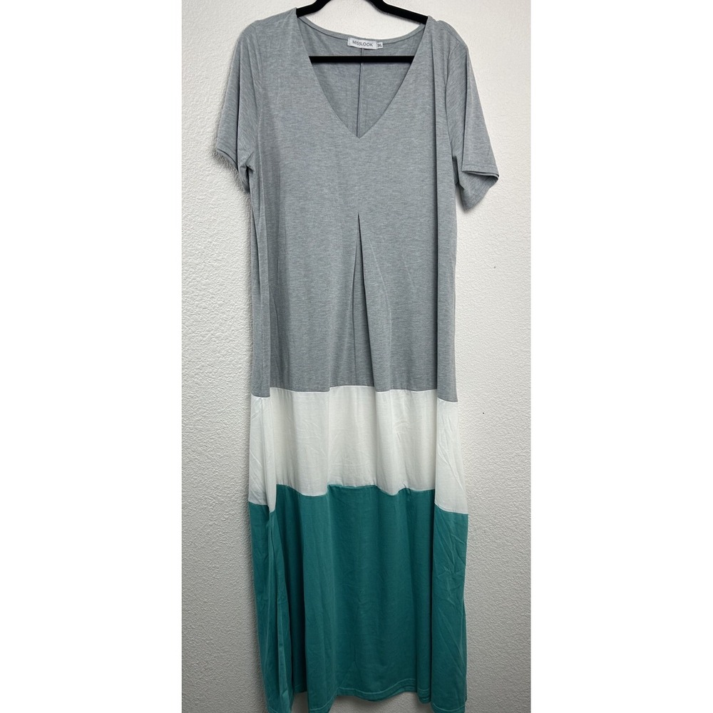 MissLook Womens Plus Size 3XL Gray White Green Striped Long Sleeve Maxi Dress